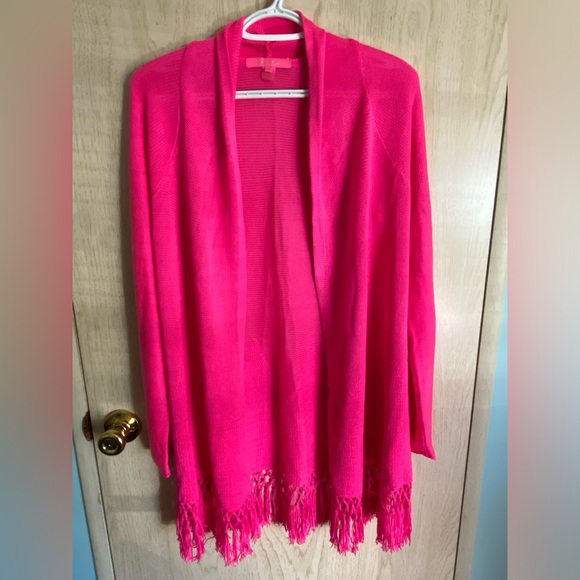 Lilly Pulitzer Tatum Long Fringe Hem Cardigan Hot Pink Sz Medium - Picture 2 of 13